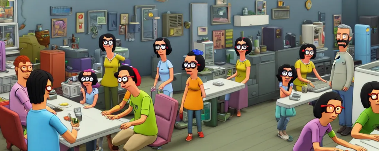 Image similar to cast of bob's burgers in the computer game the sims, tilt shift, volumetric lighting, computer graphics