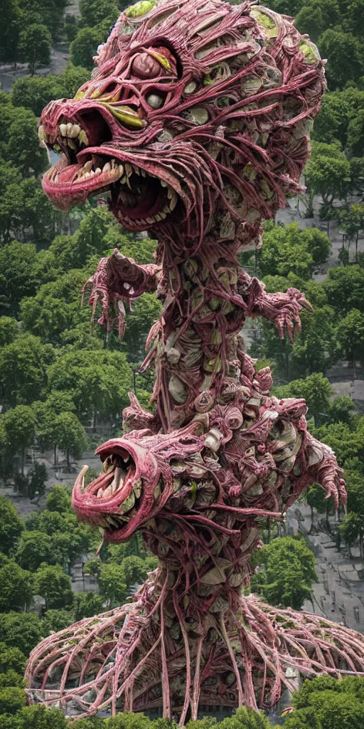 Image similar to colossal grotesque prehistoric alien predator flower made from best unfulfilled mankind projects in the middle of abandoned post soviet constructivist cityscape, Stalinist architecture, ultradetailed, Intricate by Hayao Miyazaki and Josan Gonzalez and Makoto Shinkai and Giuseppe Arcimboldo and Wes Anderson