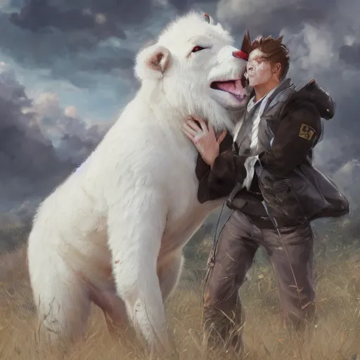 Image similar to a person hugging!!! a large white animal, a detailed painting by krenz cushart, pixiv contest winner, fantasy art, official art, detailed painting, pixiv. highly detailed. 4 k masterpiece. unreal engine. photorealistic. realism. cinematic. photorealism. wideshot