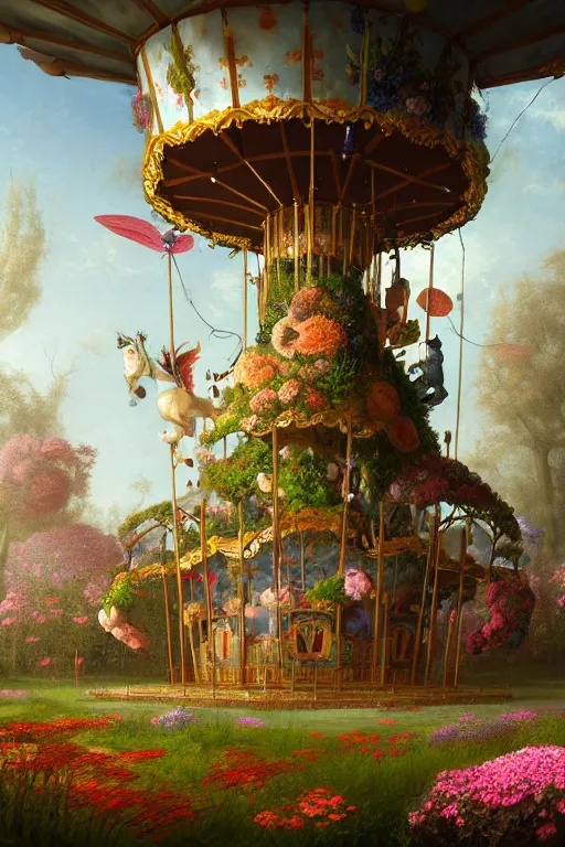 Prompt: a beautiful digital illustration painting of a fantasy carousel in overgrown roots, flowers by benoit b. mandelbrot, steven belledin, martin johnson heade, lee madgwick, caspar david friedrich, and david rios ferreira. 8 k resolution trending on artstation concept art digital illustration