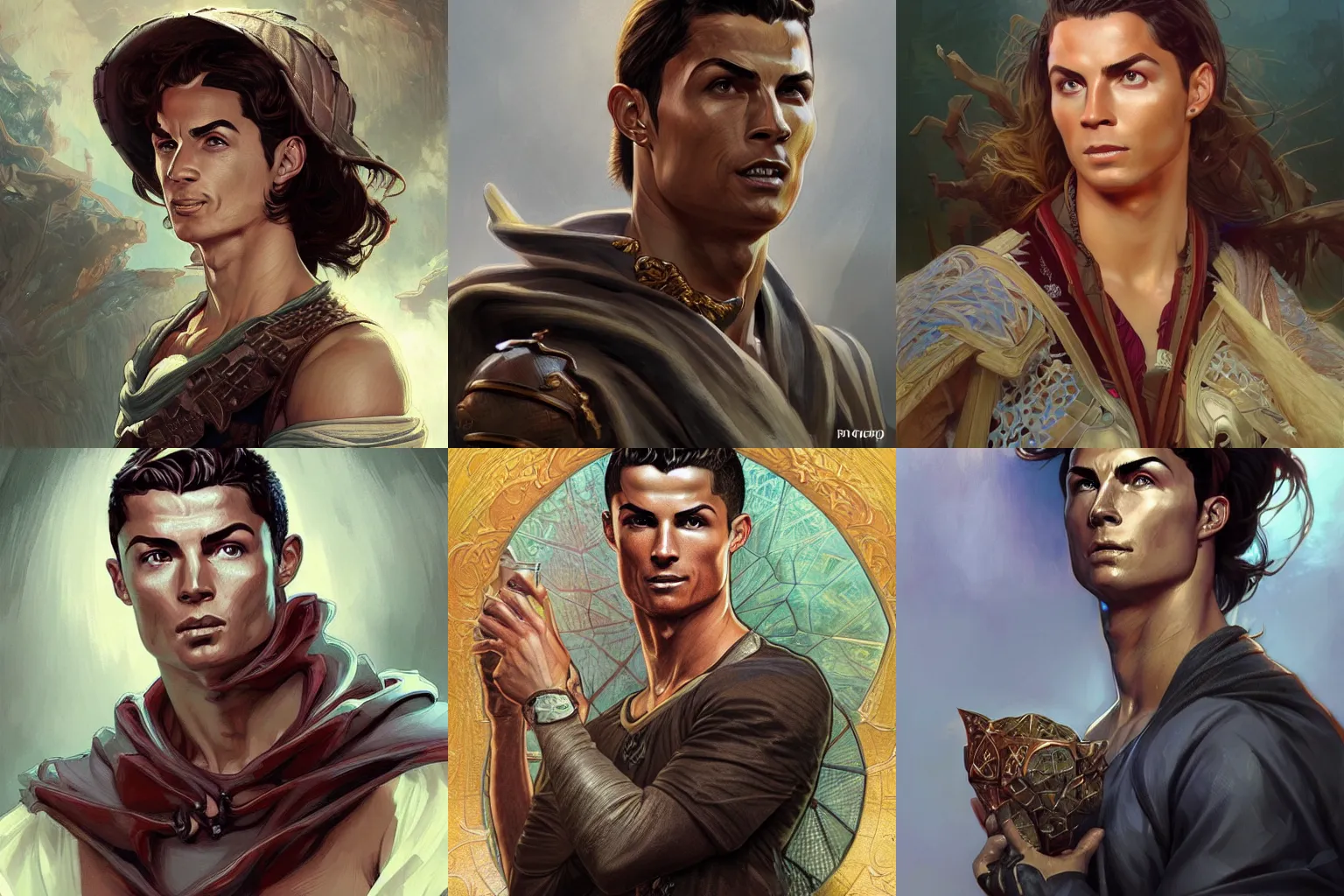 Prompt: Cristiano Ronaldo D&D character, highly detailed, digital fantasy character, painted portrait, artstation, concept art, hard focus, illustrations, works by Artgerm and Greg Rutkowski, Alphonse Mucha and Craig Mullins, James Jean, Andrey Ryabovichev, Mark Simonetti and Peter Morbacher, 16k,