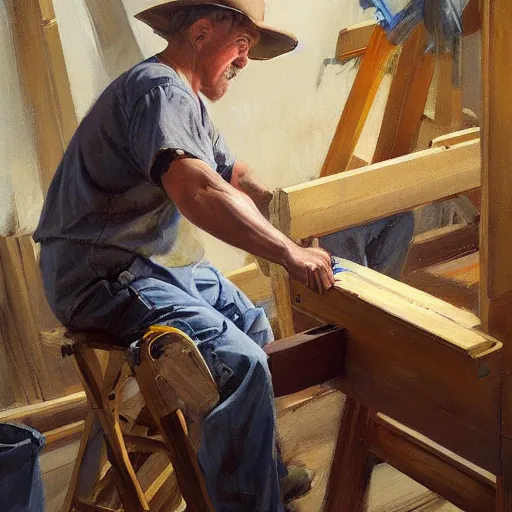 Prompt: greg manchess portrait painting of simple carpenter fine woodworker | building a wooden table in their well organized clean workshop, medium shot, asymmetrical, profile picture, organic painting, sunny day, matte painting, bold shapes, hard edges, street art, trending on artstation, by huang guangjian, gil elvgren, ruan jia, randy vargas, greg rutkowski