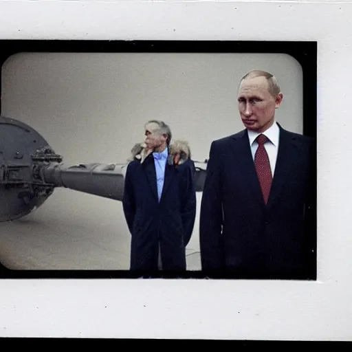 Image similar to Vladimir putin looking at an icbm missile. polaroid. bleak.