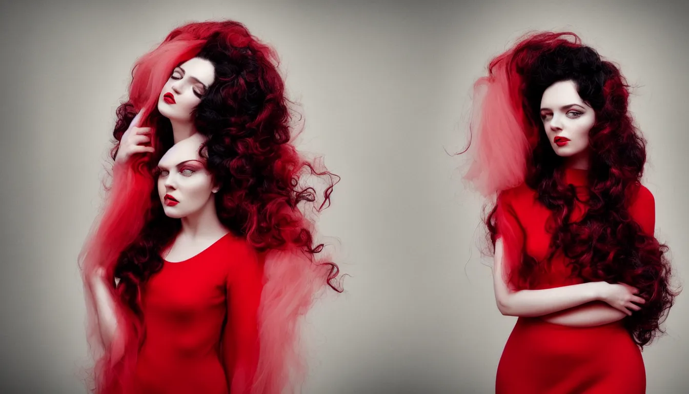 Image similar to a portrait photography of a beautiful woman with black long curly hair and full body dress in red by Flora Borsi, soft natural lighting, pastel colors scheme, fine art photography, dramatic backgroung, 50 mm sigma art