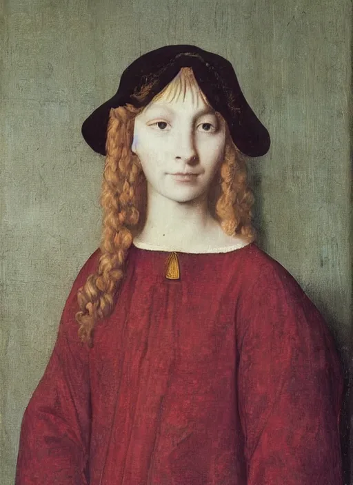 Prompt: half - length portrait of young woman in medieval dress, art by jan van eyck,