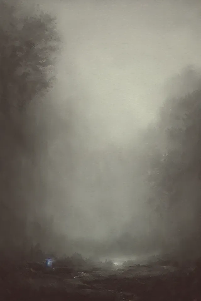 Image similar to “a painting of a dark foggy marsh landscape, a detailed matte painting by Artem Demura, artstation hq, matte painting, volumetric lighting”