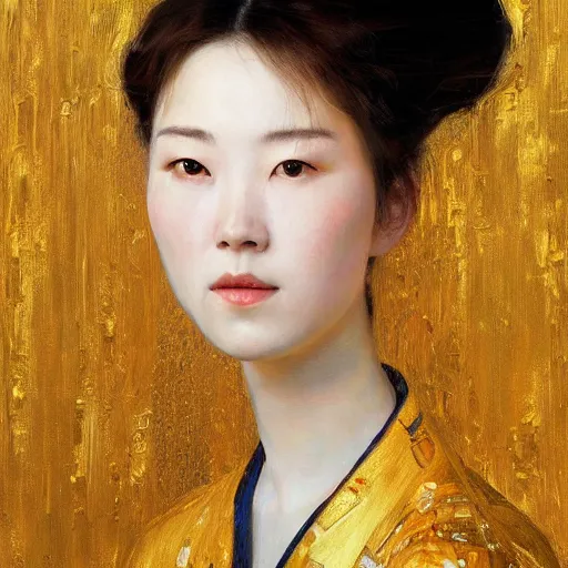 Prompt: high quality portrait painting of woman by Zhong Fenghua and Gustav Klimt, stunning, detailing, artstation trending, perfect lighting, golden hour, face detailing