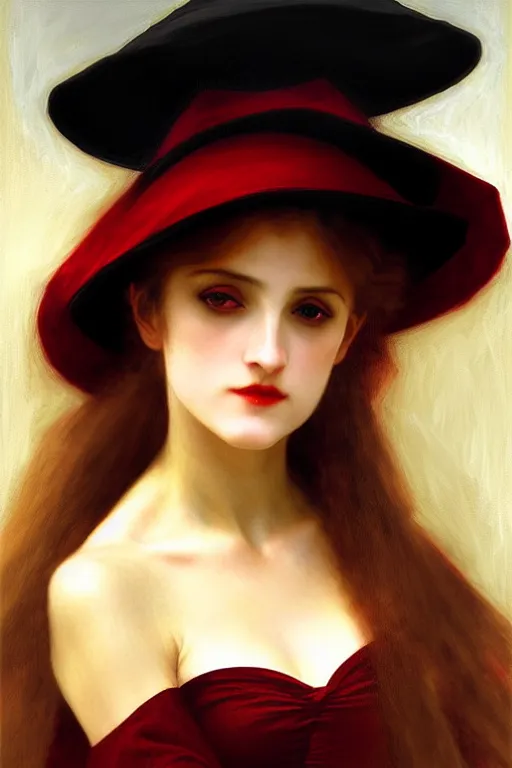 Prompt: vampire in a big hat, painting by rossetti bouguereau, detailed art, artstation