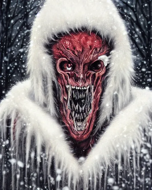 Image similar to Horrifying detailed painting of a pale, emaciated humanoid creature. It has sharp teeth and claws with pale milky eyes; snow, woods, blood; dark cinematic lighting, hyper detailed, moody