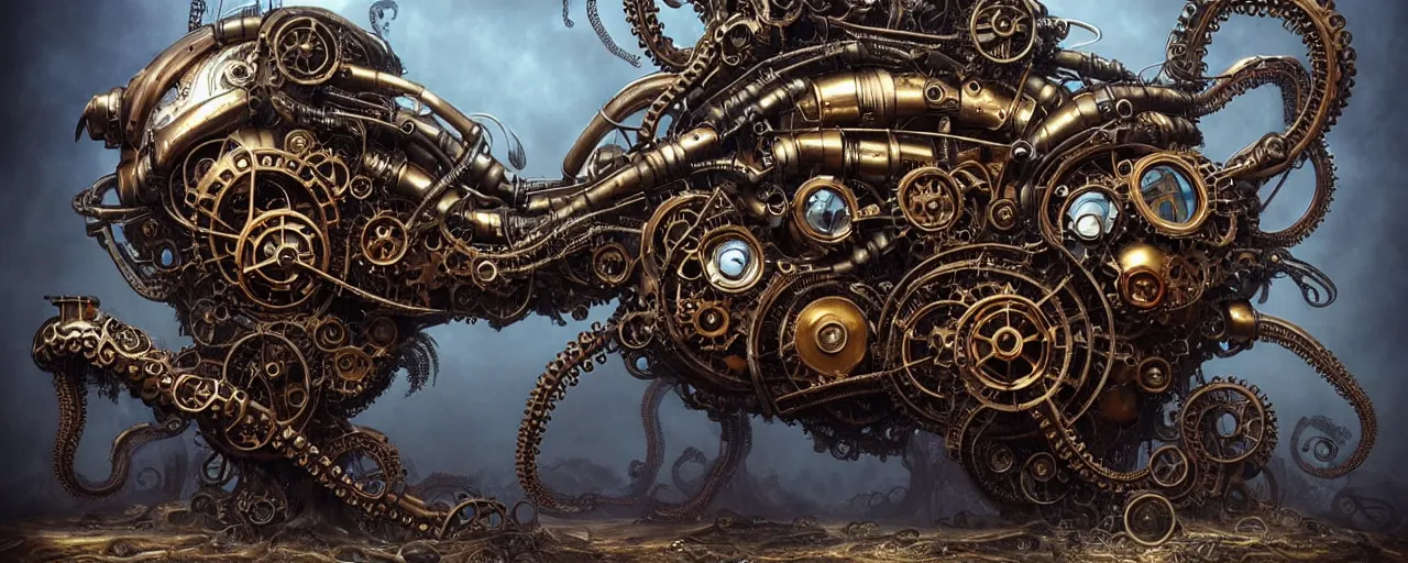 Image similar to biomechanical shiny steampunk!!! vehicle reminiscent of bugatti chiron with (glowing) lights and octopus tentacles parked in ancient mystic woods, gothic and baroque, brutalist architecture, ultradetailed, creepy ambiance, fog, artgerm, giger, Intricate by Ellen Jewett and Josan Gonzalez and Giuseppe Arcimboldo