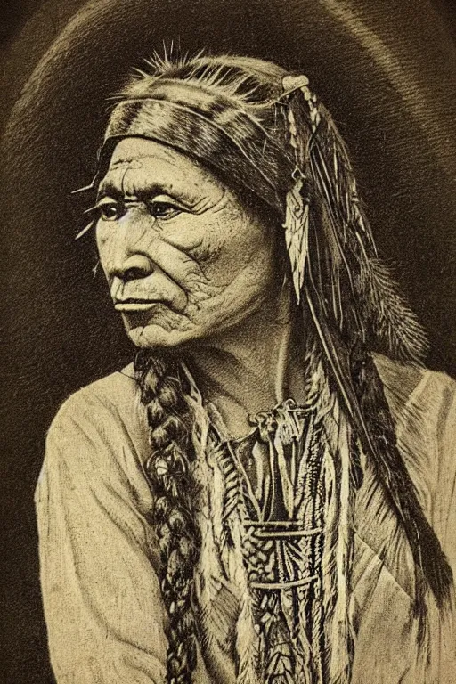 Prompt: “19th century wood engraving of a Native American indian, squaw, portrait, Nanye-hi (Nancy Ward): Beloved Woman of the Cherokee, pain and sadness on his face, drawn with charcoal pencil, ancient”