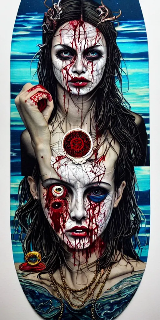 Image similar to a tarot card portrait horror and blood with sea and ocean intricate details by Sandra Chevrier