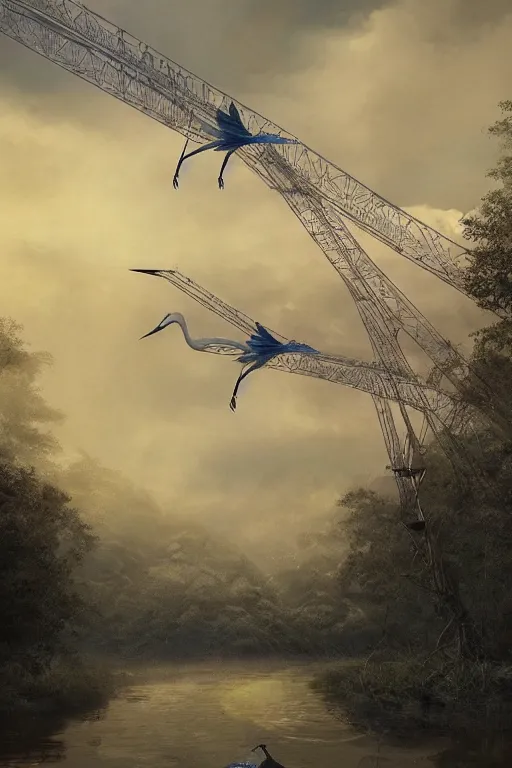 Image similar to A detailed matte painting of two cranes flying upwards from the river, water dripping, evening, close-up view, Moebius, Artstation