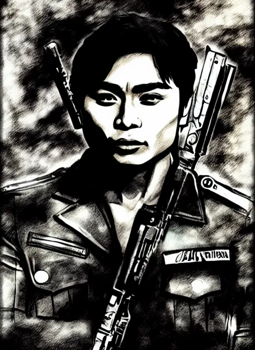 Image similar to coco martin as cardo dalisay from ang probinsyano in a poster shot, in the style of yoji shinkawa, ink on paper, gritty, dark hues