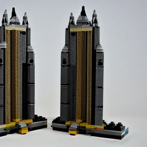 Prompt: the twin towers with 2 airplanes as a lego set