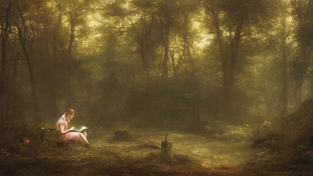 Image similar to girl reading on stump in the magical forest. andreas achenbach, artgerm, mikko lagerstedt, zack snyder, tokujin yoshioka, impressionist