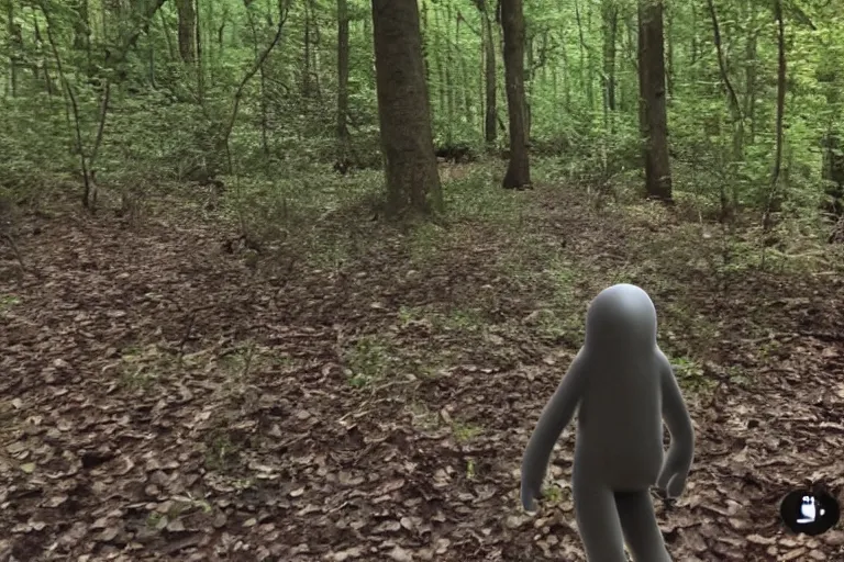 Image similar to trail cam footage of a grey alien creeping through a forest