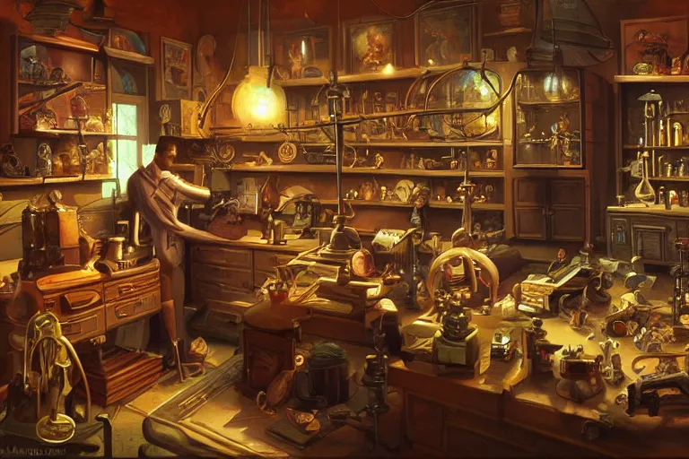Prompt: an overstuffed fantasy laboratory interior with dangerous artifacts inside display cases in the late evening with dusty atmosphere, digital painting 3D by Greg Hildebrandt