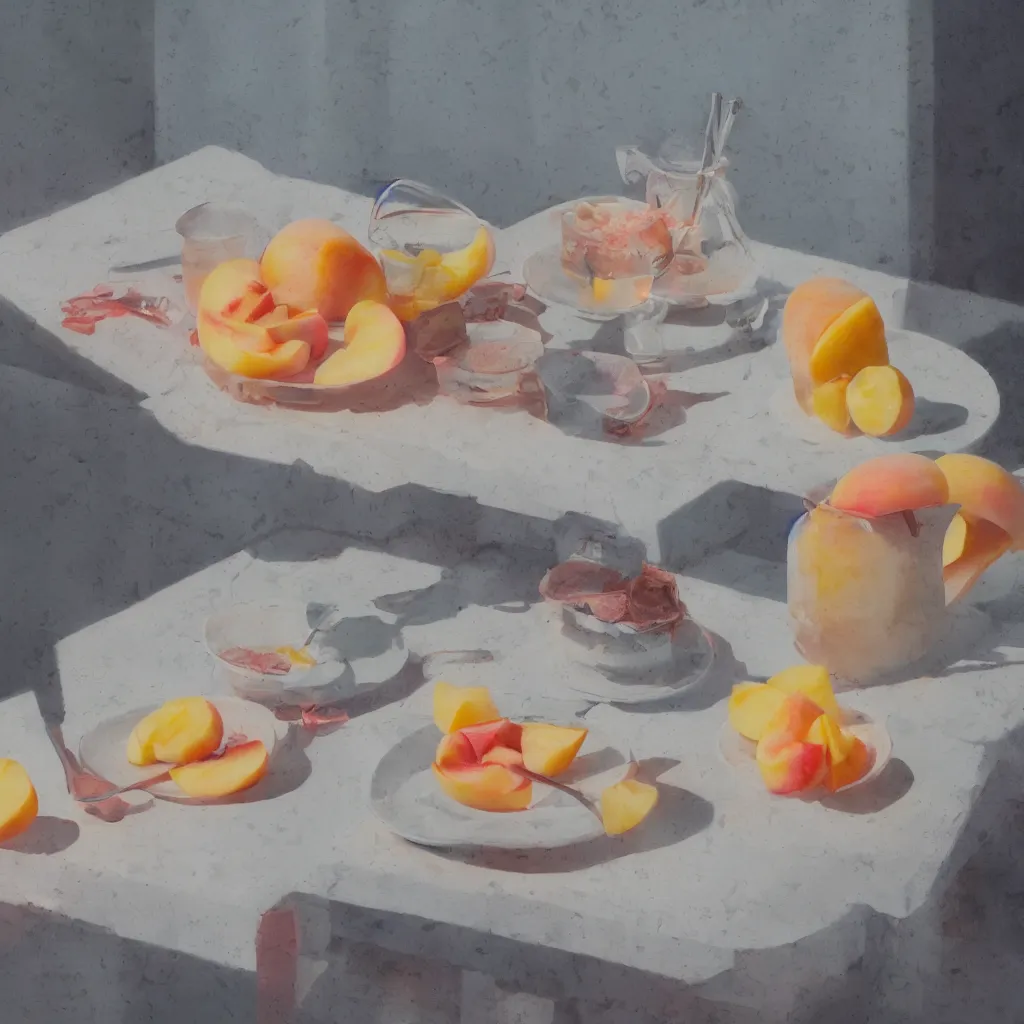 Prompt: a still life painting of cold drinks, ice cream, peach embellishment, in the style of makoto shinkai, dreamy, soft, global illumination, radiant light, intricate environment, luminescence, highly detailed, 8 k