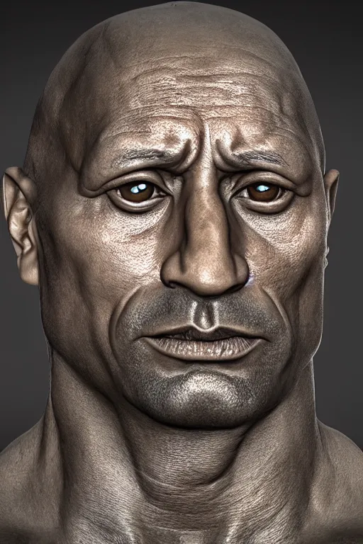 Image similar to (Dwayne Johnson carved anthracite portrait) sculpture by Rodin, ethereal, cinematic, weta workshop, ray trace, Zbrush, 3d sculpture, glow, cinematic, low light, photorealistic, volumetric, realistic, octane render, golden ratio, law of thirds, studio lighting, rim light, photo-bash, 8k post-production, hyperrealism, 80mm lens