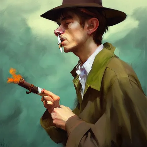 Prompt: greg manchess portrait painting of snufkin smoking a pipe, medium shot, asymmetrical, profile picture, organic painting, rainy day, matte painting, bold shapes, hard edges, street art, trending on artstation, by huang guangjian and gil elvgren and sachin teng