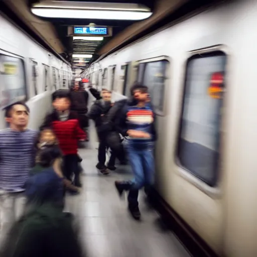 Prompt: of an octopus invading a interior of a subway train in new york, people are running away scared, shutter speed is 8 0,