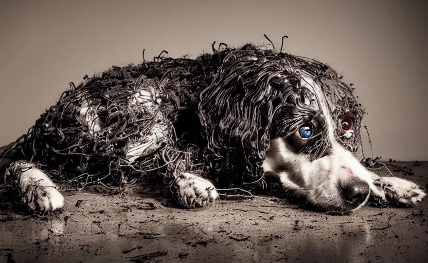 Prompt: laying dog, dirty fur, robotic, sad eyes, opened wound with wires coming out, circuit, electricity, mud, realistic photography