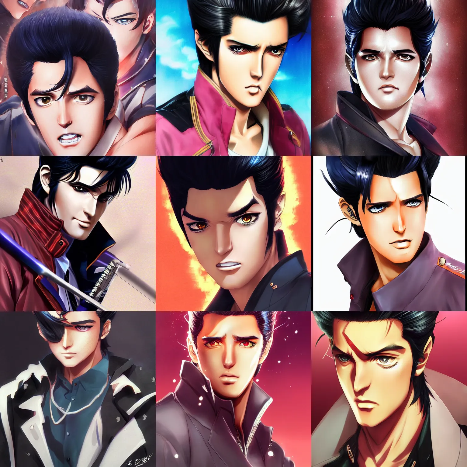 Prompt: anime portrait of Elvis Presley as an anime man by Stanley Artgerm Lau, WLOP, Rossdraws, James Jean, Andrei Riabovitchev, Marc Simonetti, and Sakimichan, trending on artstation