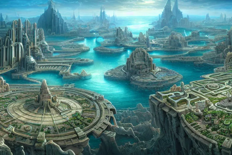 Prompt: a beautiful complex insanely detailed matte painting of the futuristic ancient city of Atlantis by Heironymous Bosch!!!!!!!, by James Gurney and Tyler Edlin, 4k, trending on artstation, aerial view