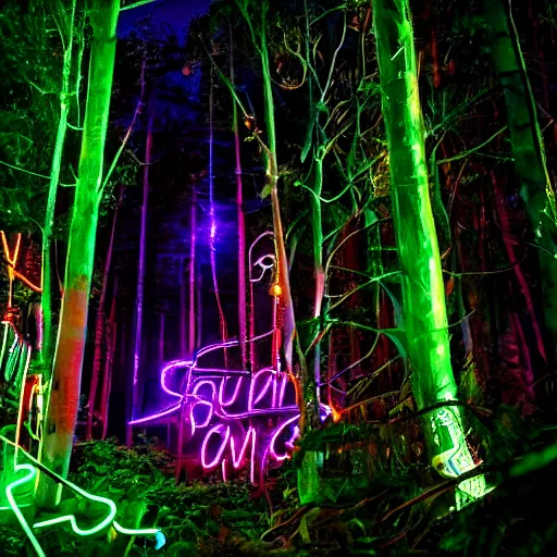 Image similar to eddie munson neon lights looks so cool in the night forest handsome, photojournalism