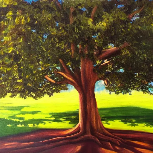 Image similar to a giant tree in the middle of a park, oil painting