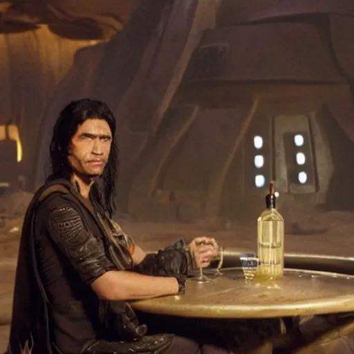 Image similar to wrenga jixton sitting at a table in a bar on tatooine, movie still, human with long black hair and a black leather vest