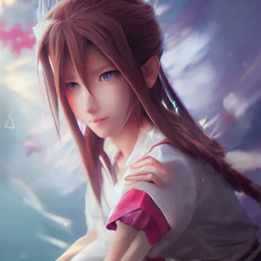 Image similar to high quality art of aerith ff7 by wlop, rossdraws, mingchen shen, bangkuart, sakimichan, yan gisuka, jeongseok lee, artstation, 4k