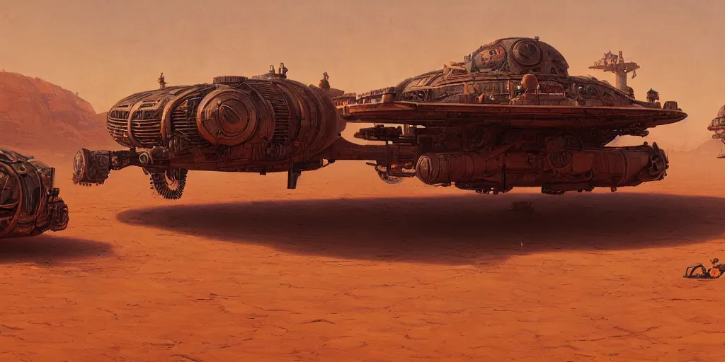 Image similar to steampunk hovercraft speeding across a red desert, greg rutkowski, 8 k, shallow depth of field, intricate detail, concept art,