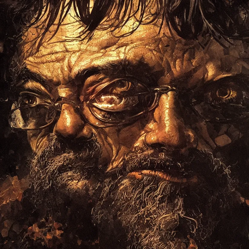 Prompt: a dark baroque close - up portrait of a sci - fi terence mckenna. reflective detailed textures. gloomy black background. highly detailed fantasy science fiction painting by moebius, norman rockwell, frank frazetta, and syd mead. rich colors, high contrast. artstation