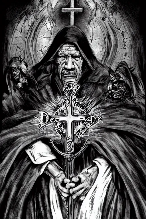 Image similar to Danny Trejo as church nun, dark fantasy, highly detailed, artstation, manga illustration by Kentaro Miura berserk