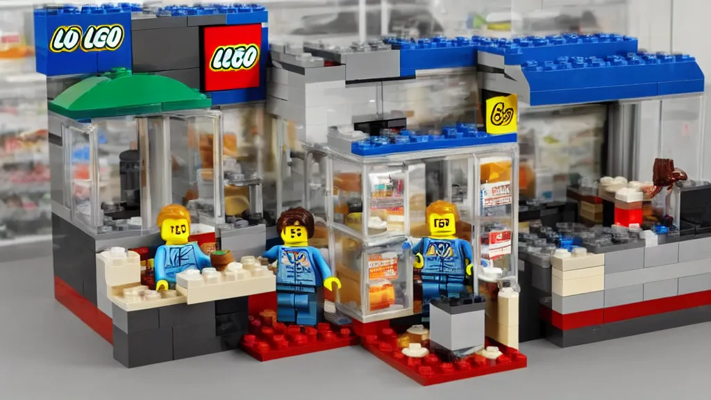 Image similar to lego art flexible convenience store robo - cashier