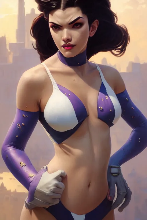 Image similar to painting of widowmaker from overwatch, closed swimsuit, white skin color, ultra realistic, sharp details, subsurface scattering, intricate details, warm lighting, beautiful features, highly detailed, photorealistic, octane render, 8 k, unreal engine, art by artgerm and greg rutkowski and alphonse mucha