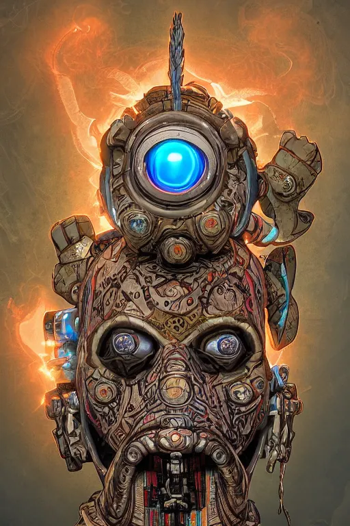 Image similar to tribal vodoo mask eye radiating a glowing aura global illumination ray tracing hdr fanart arstation by ian pesty and katarzyna da „ bek - chmiel that looks like it is from borderlands and by feng zhu and loish and laurie greasley, victo ngai, andreas rocha, john harris wooly hair cut feather stone