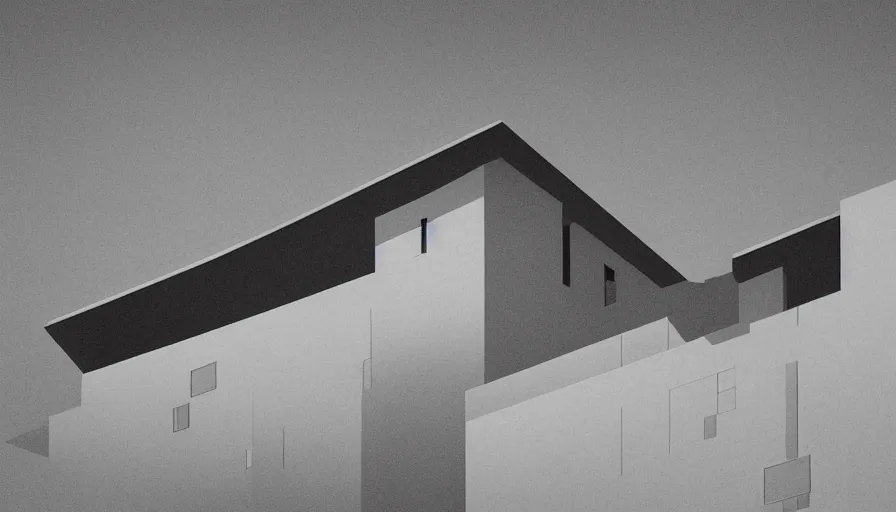 Prompt: architecture ad in the style of Bauhaus and John Baldessari. Film grain, cinematic, colorized, symmetrical.