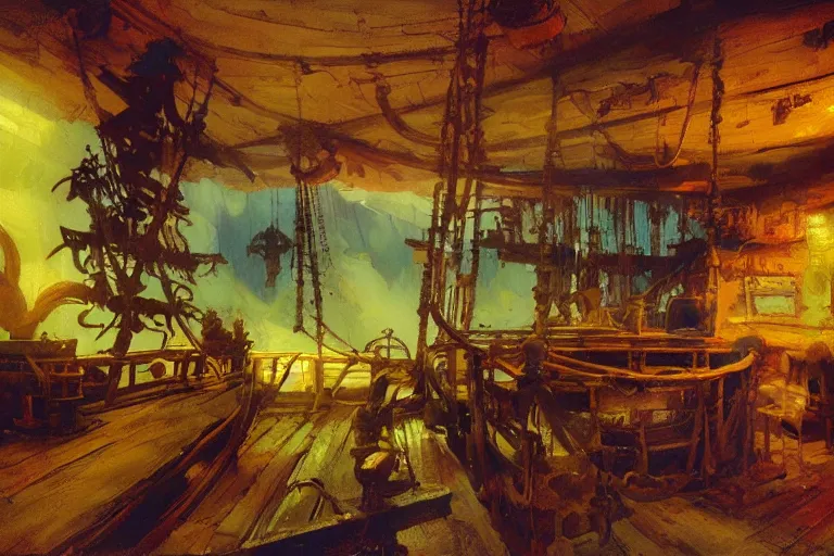 Image similar to pirate ship cabin interior, intricate, elegant, highly detailed, vivid colors, john harris, frazetta, tyrus wong, ruan jia, jeffrey catherine jones