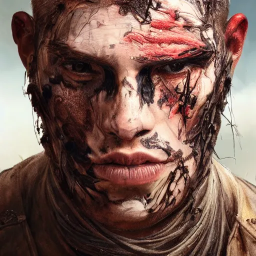 Image similar to portrait painting of a bitter young man with severe burn scars on his cheek and uneven very short hair wearing tattered leather armor, ultra realistic, concept art, intricate details, eerie, highly detailed, photorealistic, octane render, 8 k, unreal engine. art by artgerm and greg rutkowski and charlie bowater and magali villeneuve and alphonse mucha