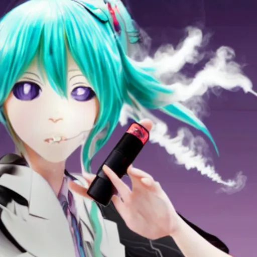 Image similar to hatsune miku getting high by smoking weed with a vape pen, bloodshot eyes, smoke everywhere