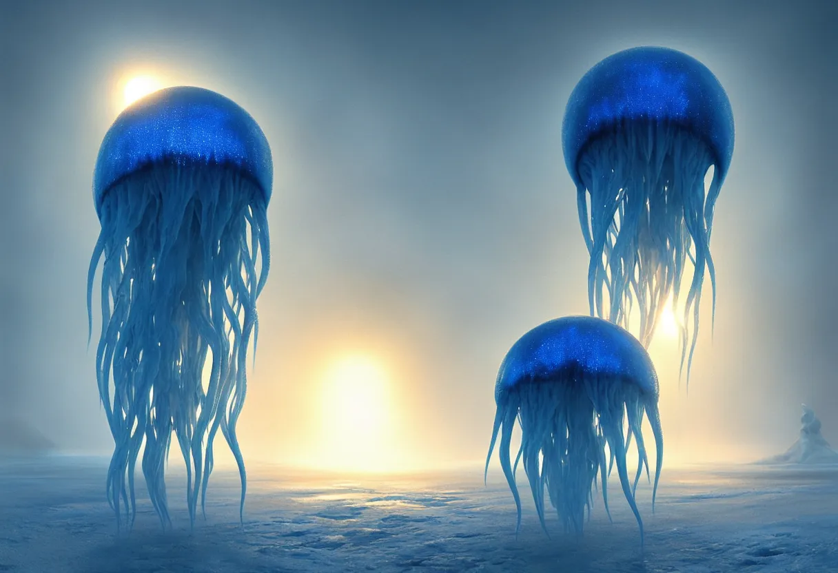 Prompt: strange blue illuminated alien jellyfish emerging from surface of another frozen winter planet at sunset, ultra high definition, ultra detailed, symmetry, fog, matte painting, by greg rutkowski and ross tran and wlop