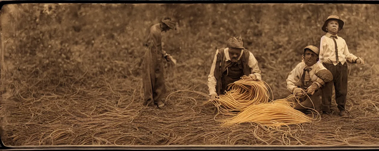 Image similar to harvesting spaghetti during the gold rush, tintype, small details, intricate, sigma 5 0 mm, cinematic lighting, photography, wes anderson, diane arbus, film, kodachrome