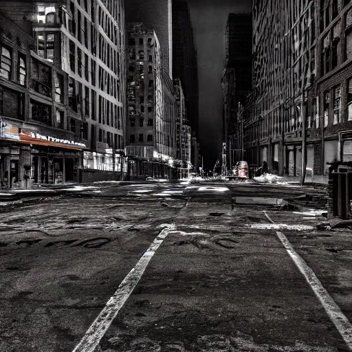 Prompt: color photograph, highly detailed abandoned New York city street at night after the war between humans and AIs, film grain, soft vignette, Canon EOS Digital Rebel XTi, 100-300mm Canon f/5.6, Exposure time: 1/160, ISO 400