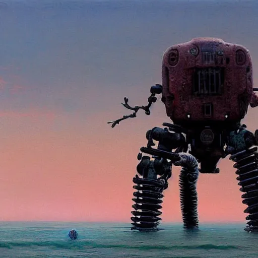 Image similar to an epic painting of a horrifying cthulu robot walking along a beach during low tide at sunset by jakub rozalski by beeple by zdzisław beksinski by h. p lovecraft