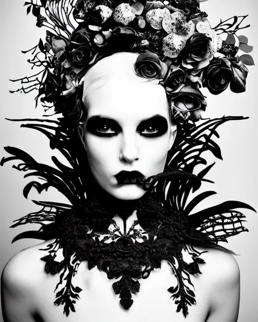 Image similar to surreal dark poetic black and white photo portrait of complex bio-mechanical beautiful young silver female-vegetal-cyborg with a fur metal fine lace face, a very long neck and a fine metal floral foliage super big gothic lace collar and very high big floral crown with many black dry roses by Vivienne Westwood:: smoke, high fashion, haute couture, rococo, avant-garde, silver filigree details, anatomical, facial muscles, cable wires, microchip, elegant, dreamy, foggy atmosphere, hyper realistic, 150 mm lens, soft rim light, octane render, unreal engine, picture was taken in 1910 by Man Ray, volumetric lighting, dramatic light,8k,