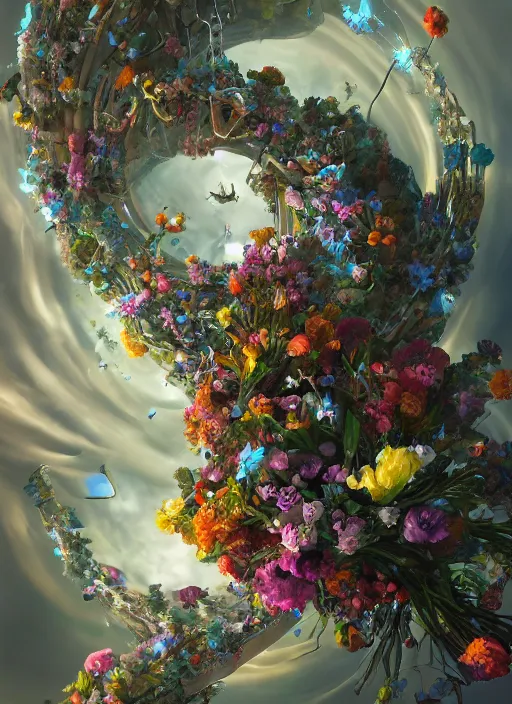 Prompt: An epic fantastic realism comic book style painting of the most beautiful spiraling entwined flowers launched exquisitely across the bright spinning universe, floating bouquets, fisheye, perfect shiny iridescent silver spheres, unreal 5, DAZ, hyperrealistic, octane render, dynamic lighting