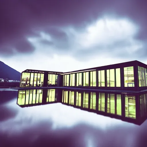 Prompt: a modern minecraft building in front of a reflective lake, rainy weather, dramatic light